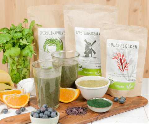 Heavy Metal Detox Smoothie Set nach Anthony William - BIO GerstengrasSAFTpulver 100 g, Wildheidelbeerpulver 200 g, Spirulinapulver 250 g, Dulseflocken 100 g