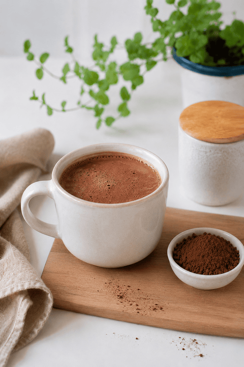 Eine Tasse Kakao auf einem Holzbrett mit einem Schälchen Kakaopulver rechts daneben.