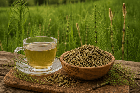 bio Schachtelhalmtee in Tasse und Schachtelhalmkraut lose aufgeschüttet