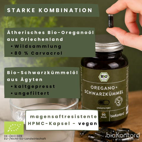 Kombination bio Schwarzkümmelöl ungefiltert und bio Oreganoöl in veganer Kapsel von bioKontor