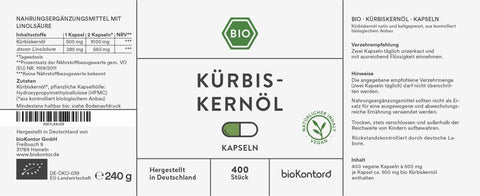 Bio Kürbiskernöl Kapseln - vegan - Inhalt und Einnahme, 400 Stück, bioKontor