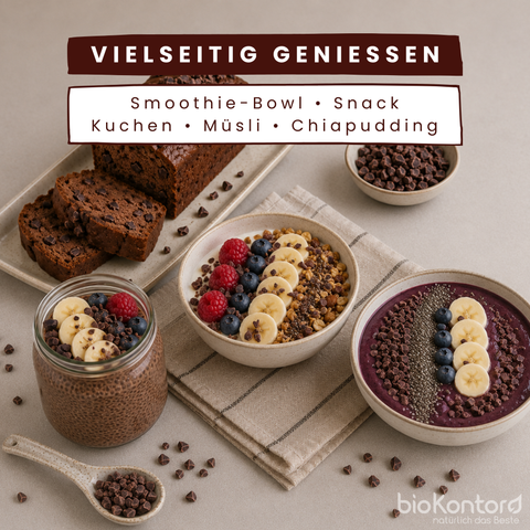 Chiapudding, Müsli, Smoothie Bowl, Kuchen mit Kakaonibs von bioKontor