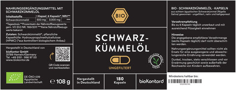 Bio Schwarzkuemmeloel Kapseln 180 Kapseln UNGEFILTERT Verzehrempfehlung und Inhaltsstoffe bioKontor
