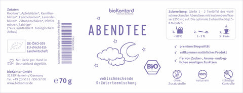 Detail: Etikettaufkleber für bio Abendtee wohlschmeckende Kräuterteemischung von bioKontor, 70 Gramm