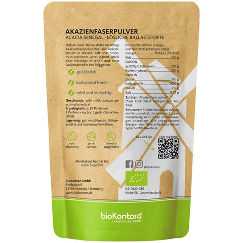 Bio Akazienfaserpulver Verpackung mit Verzehrempfehlung und Nährwerten von bioKontor