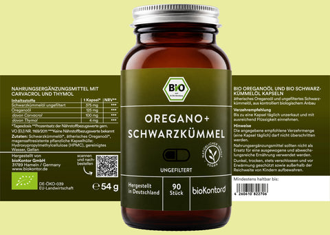 Bio Oreganoöl und Schwarzkümmelöl ungefiltert Kapseln Verzehrempfehlung und Inhaltsstoffe von bioKontor