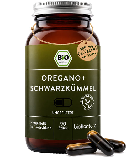 Bio Oreganoöl und Schwarzkümmelöl ungefiltert Kapseln 100 mg Carvacrol von bioKontor