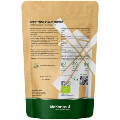 bio Gerstengrassaft Pulver in Rohkostqualität - Verpackungsrückseite mit Nährwerten
