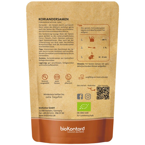 bio Koriandersamen ganz von biokontor - Verpackungsrückseite mit Verzehrempfehlung