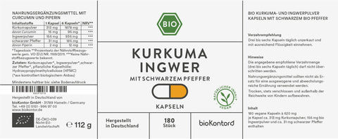 BIO Kurkuma, Ingwer, schwarzer Pfeffer Kapseln - vegan - bioKontor