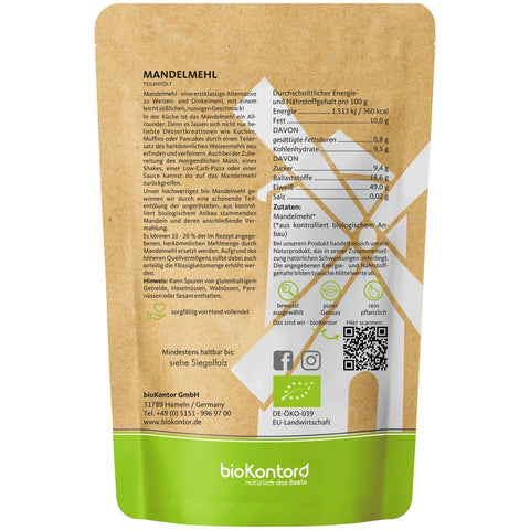 bio Mandelmehl teilentölt von bioKontor - Verpackungsrückseite mit Nährwerten