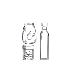bioKontor Sortiment: Illustration von Bio-Kapseln, Pulververpackung und Flasche mit Öl