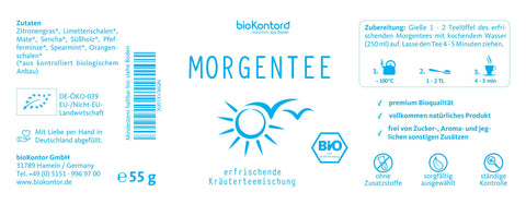 Detail: Etikettaufkleber für bio Morgentee erfrischende Kräuterteemischung von bioKontor, 55 Gramm